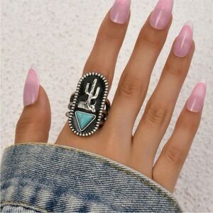 Silver and Turquoise Cactus Southwestern Statement Ring Sz 7